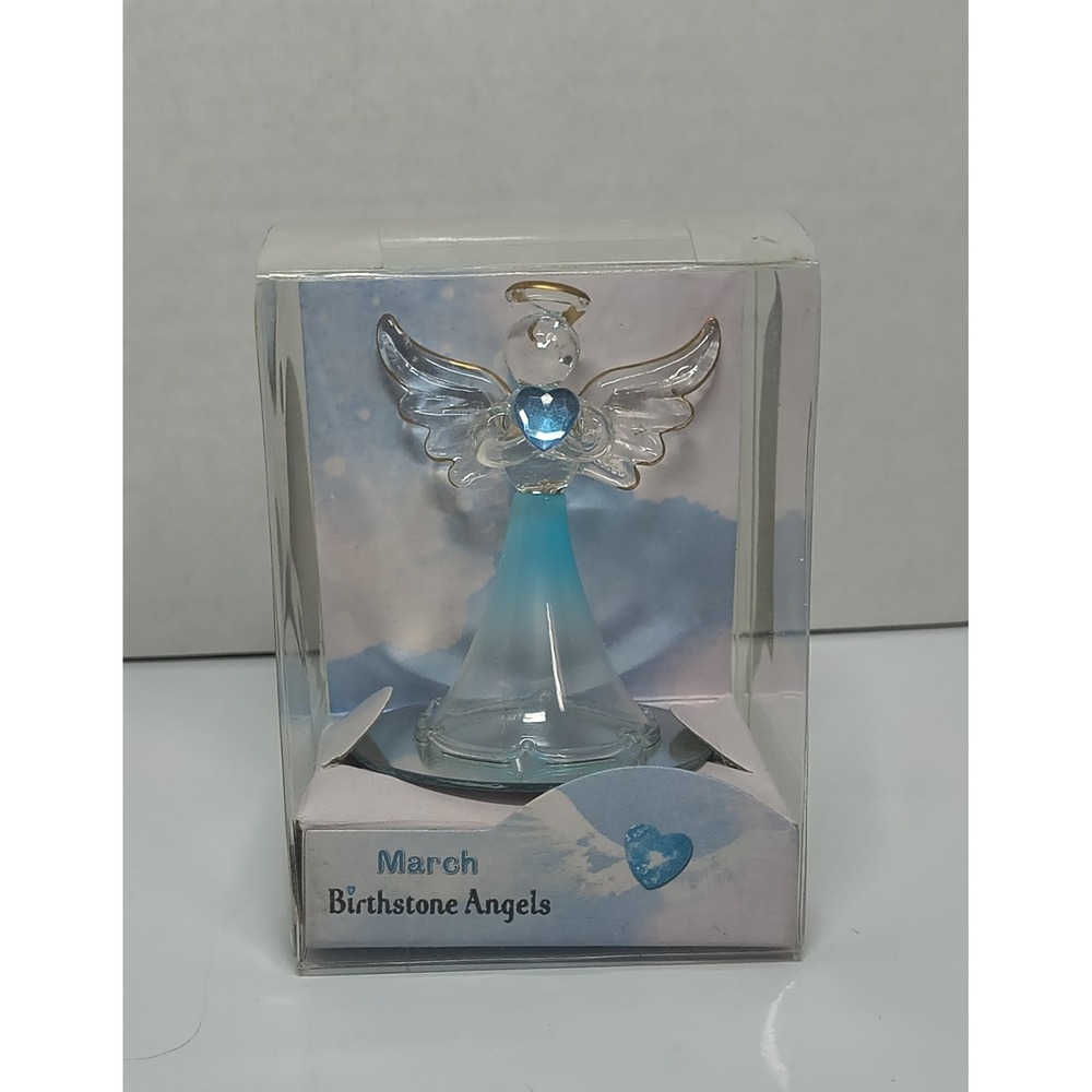 Angel Birthstone Ornament March Birthday Month Blue Aquamarine Glass Heart Gift - Picture 1 of 6
